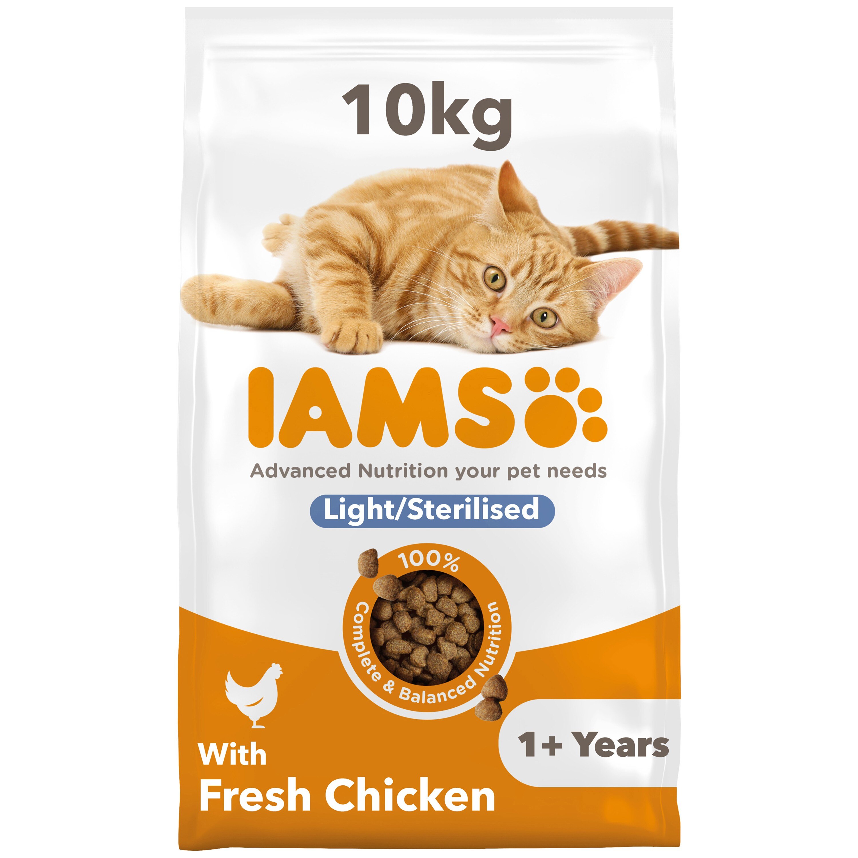 Iams Iams Light Fat Sterilised Chicken Turkey Adult Dry Cat Food pet food packaging